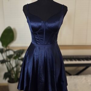Windsor Navy Satin Fit-and-Flare Mini Dress
